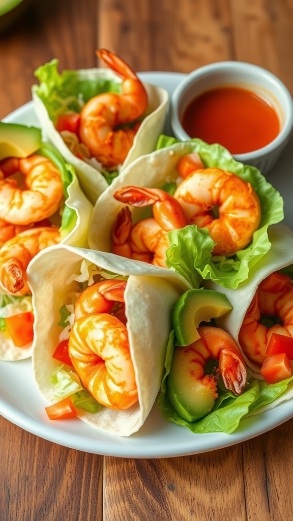 Crispy Air Fryer Shrimp Wraps Recipe Crispy air fryer shrimp wraps filled with lettuce, tomatoes, and avocado, served with dipping sauce.
